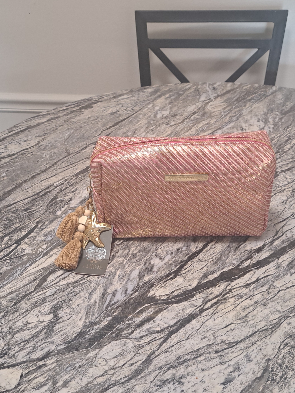 Vince Camuto Rose Gold Metallic Cosmetic Pouch with Tassel Charm Zipper
